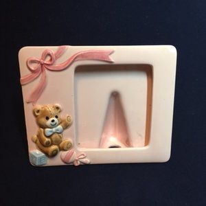 VTG Pink Baby Teddy Bear Block Ball Ribbon Ceramic Picture Frame 4.5x5.25"